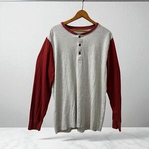 American Eagle Outfitters Mens Large Henley Shirt Long Sleeve Gray Red